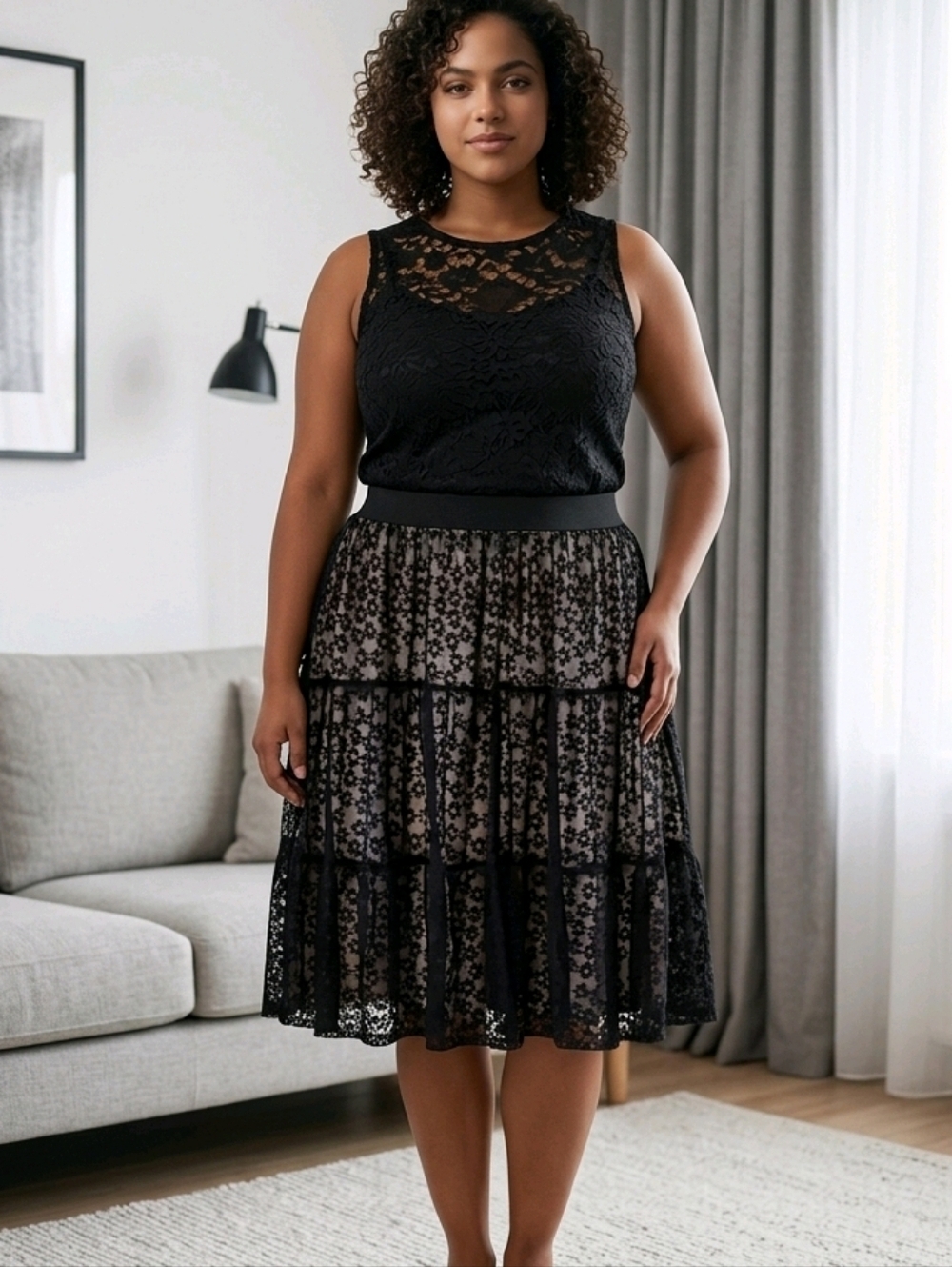 NWT NY Collection Woman Tiered Black Floral Lace Skirt ~sz 3X
